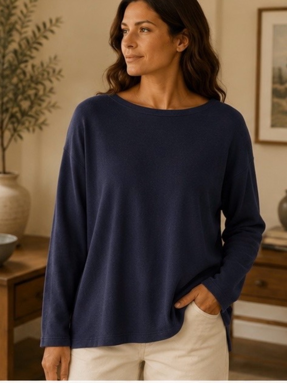Eileen Fisher Ink Blue Boxy Boat Neck Top Lyocell Organic Cotton Large